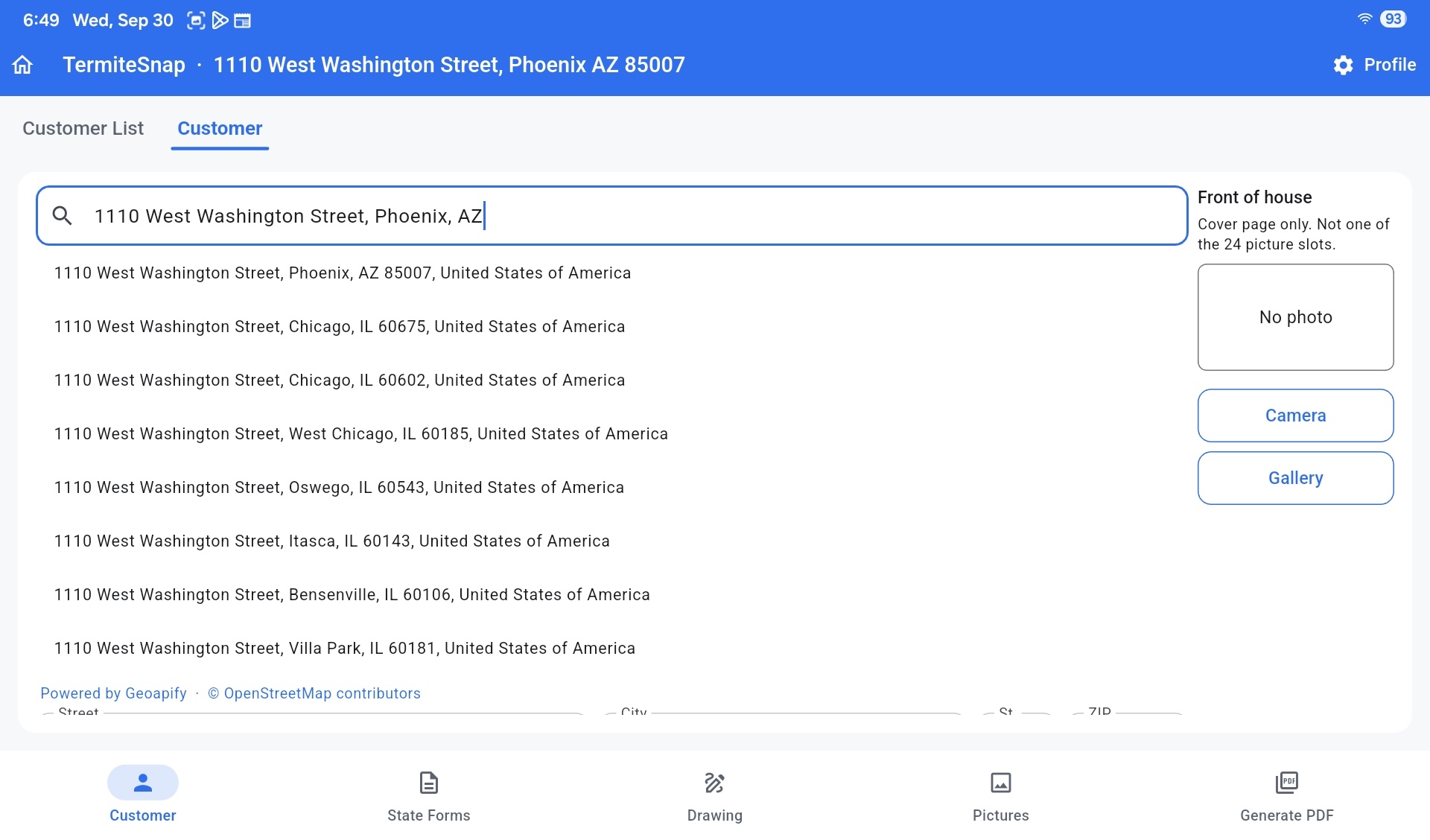 Address search with 1110 West Washington Street, Phoenix, AZ entered and address suggestions displayed.