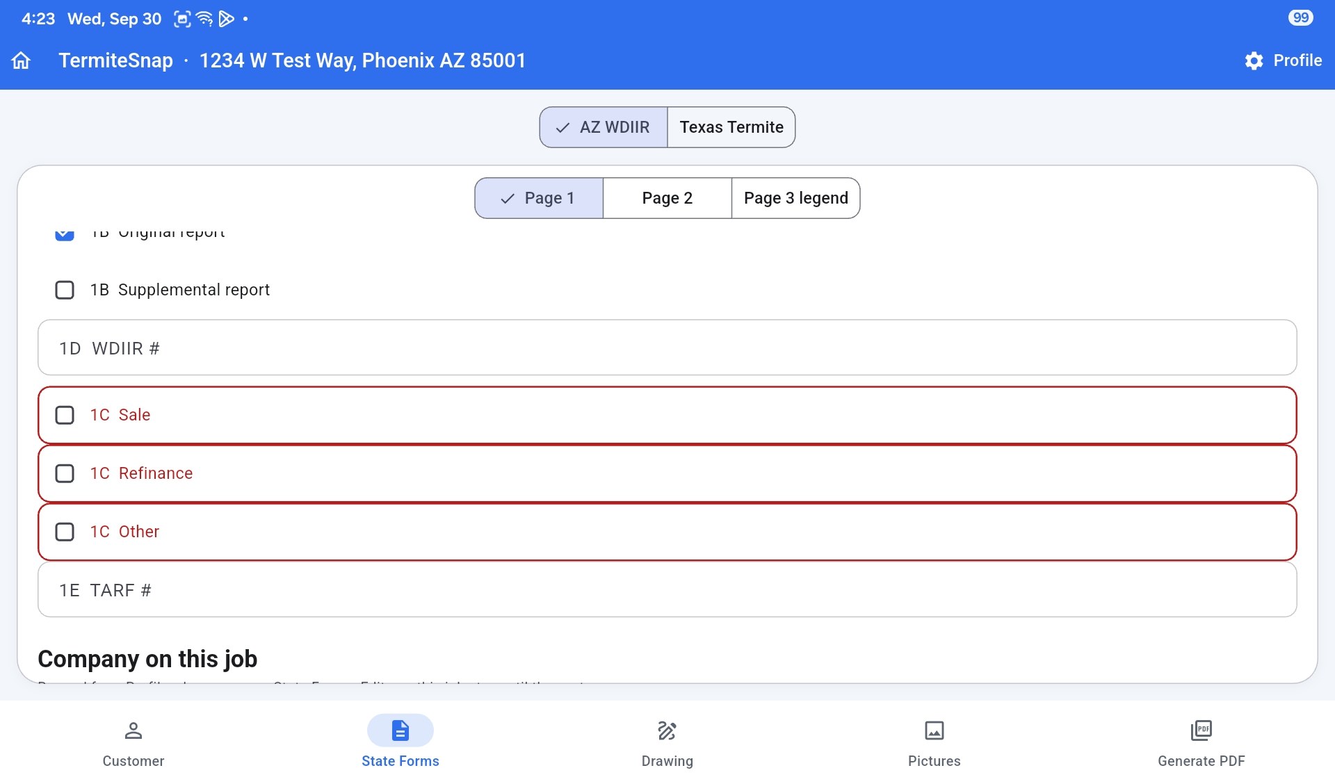 Arizona form page 1 with 1C Sale, 1C Refinance, and 1C Other outlined in red.