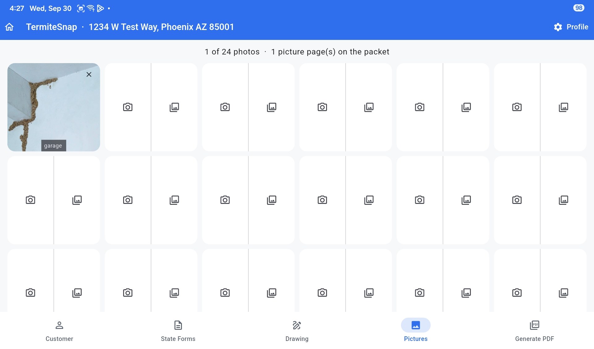 Photo grid with one garage thumbnail and empty camera and gallery slots.