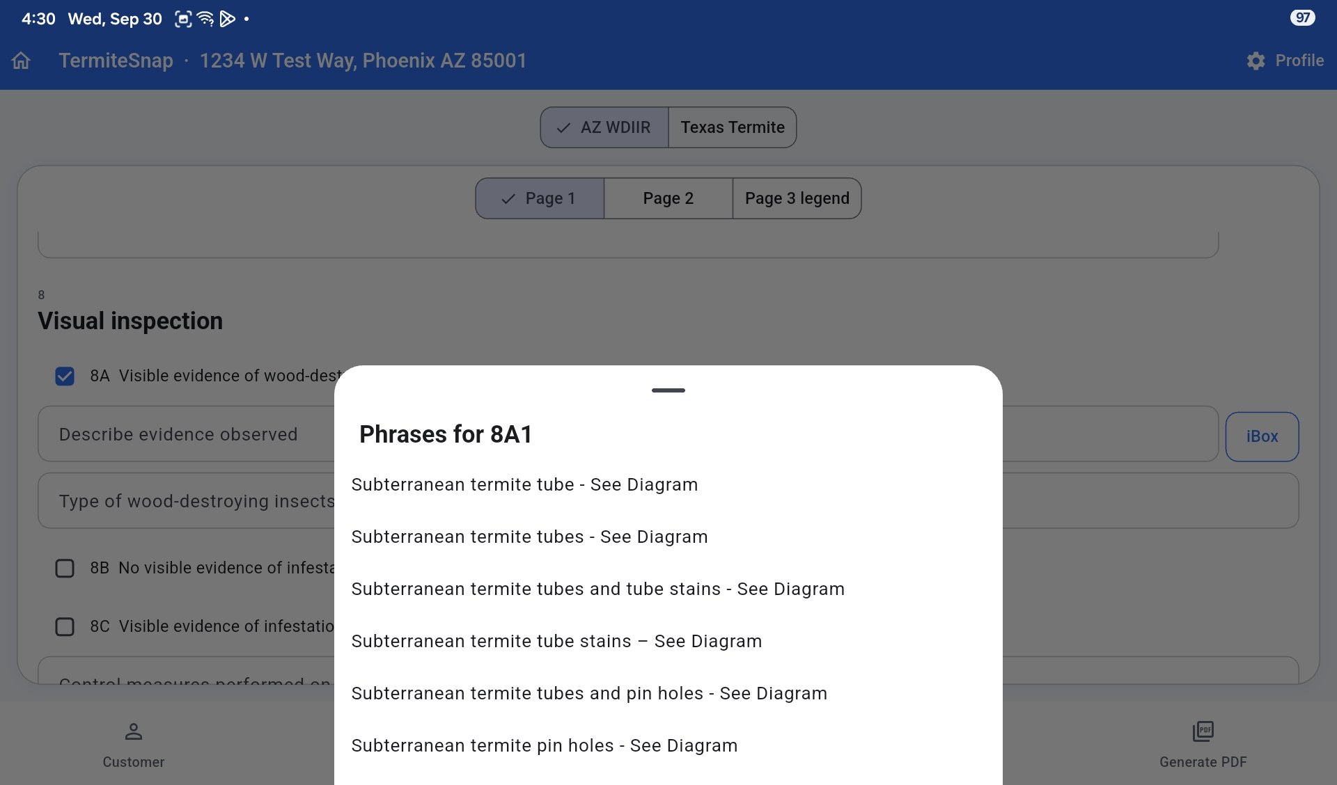 Phrase picker open for field 8A1, listing saved phrases.